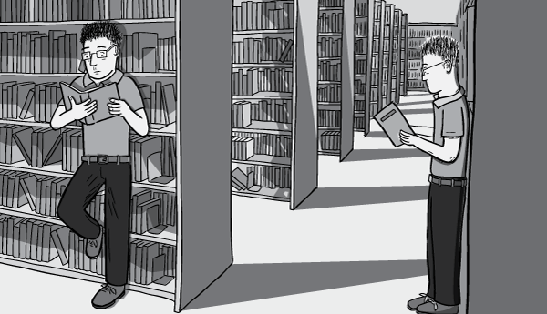 Young man in-between library shelves cartoon. Reading books standing up whilst leaning against the shelves. Black and white drawing of library shelf corridor.