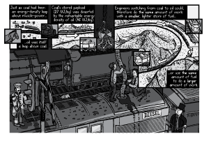 Cartoon comic art high angle view of trains in railway yard, being refuelled with diesel. Drawing of railway roundhouse with parked trains under shelter. Ringo Starr and The Fat Controller watch on as workmen refuel the train.