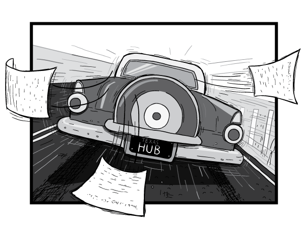 Rear view of a car driving away from the viewer. Cartoon 1956 Ford Thunderbird rear bumper and tail lights.