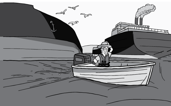 Man in boat with outboard motor between two cargo liners. Cartoon drawing of man driving tiller-steer boat across water.