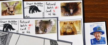 Australian postage stamps, featuring Australian animals on handwritten postcards