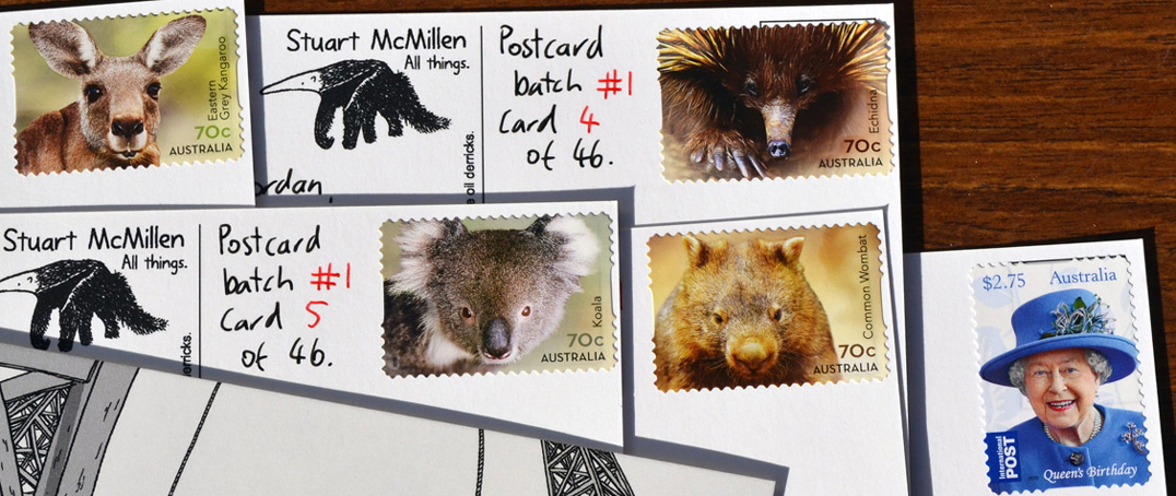 Australian postage stamps, featuring Australian animals on handwritten postcards