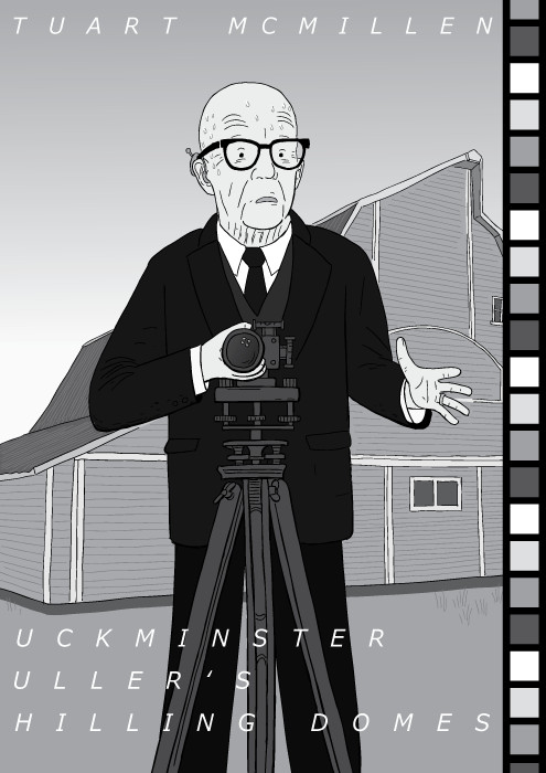 Cartoon Buckminster Fuller standing in front of a camera. Elvis Costello “This Year's Model” pose tribute parody.
