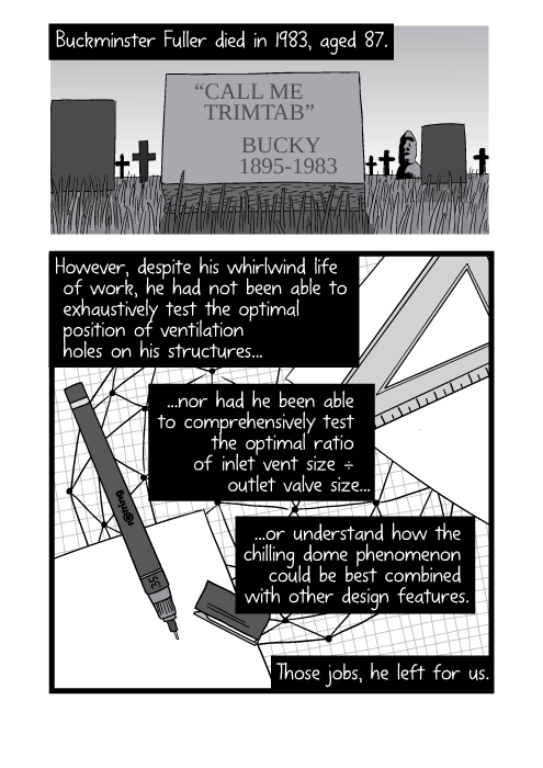 Black and white comic showing Buckminster Fuller's grave. Buckminster Fuller died in 1983, aged 87. “Call me trimtab.” - Bucky (1895-1983) However, despite his whirlwind life of work, he had not been able to exhaustively test the optimal position of ventilation holes on his structures, nor had he been able to comprehensively test the optimal ratio of inlet vent size ÷ outlet valve size, or understand how the chilling dome phenomenon could be best combined with other design features. Those jobs, he left for us.