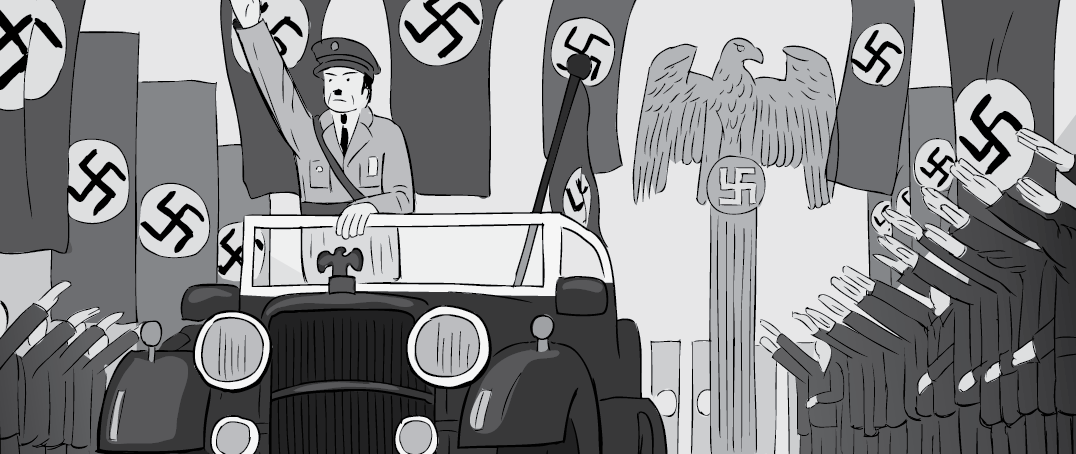 Cartoon artwork of Adolf Hitler motorcade with swastika flags