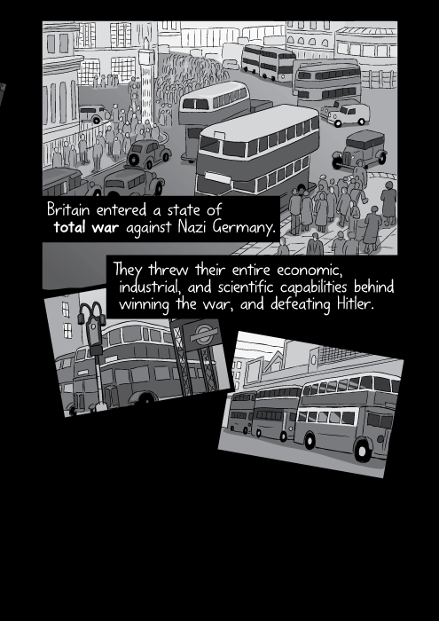 Britain entered a state of total war against Nazi Germany. They threw their entire economic, industrial, and scientific capabilities behind winning the war, and defeating Hitler.