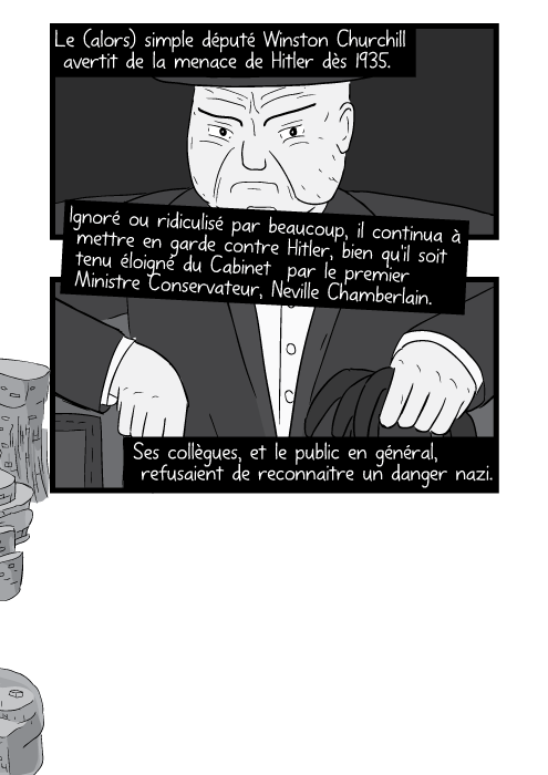 Le (alors) simple député Winston Churchill avertit de la menace de Hitler dès 1935. Ignoré ou ridiculisé par beaucoup, il continua à mettre en garde contre Hitler, bien qu'il soit tenu éloigné du Cabinet par le premier Ministre Conservateur, Neville Chamberlain.