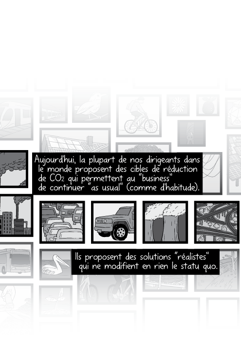 Aujourd'hui, la plupart de nos dirigeants dans le monde proposent des cibles de réduction de CO2 qui permettent au “business” de continuer “as usual” (comme d'habitude). Ils proposent des solutions “réalistes” qui ne modifient en rien le statu quo.