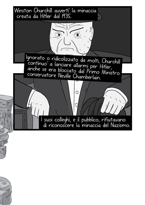 Winston Churchill avverti' la minaccia creata da Hitler dal 1935. Ignorato o ridicolizzato da molti, Churchill continuo' a lanciare allarmi per Hitler, anche se era bloccato dal Primo Ministro conservatore Neville Chamberlain. I suoi colleghi, e il pubblico, rifiutavano di riconoscere la minaccia del Nazismo.