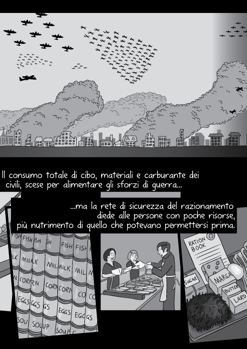 Il consumo totale di cibo, materiali e carburante dei civili, scese per alimentare gli sforzi di guerra ma la rete di sicurezza del razionamento diede alle persone con poche risorse, più nutrimento di quello che potevano permettersi prima.