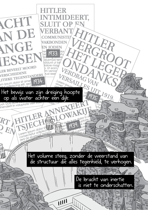 Het bewijs van zijn dreiging hoopte op als water achter een dijk: Het volume steeg, zonder de weerstand van de structuur die alles tegenhield, te verhogen. De kracht van inertie is niet te onderschatten.