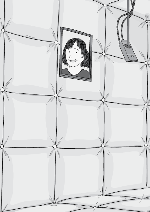 Black and white padded cell drawing.