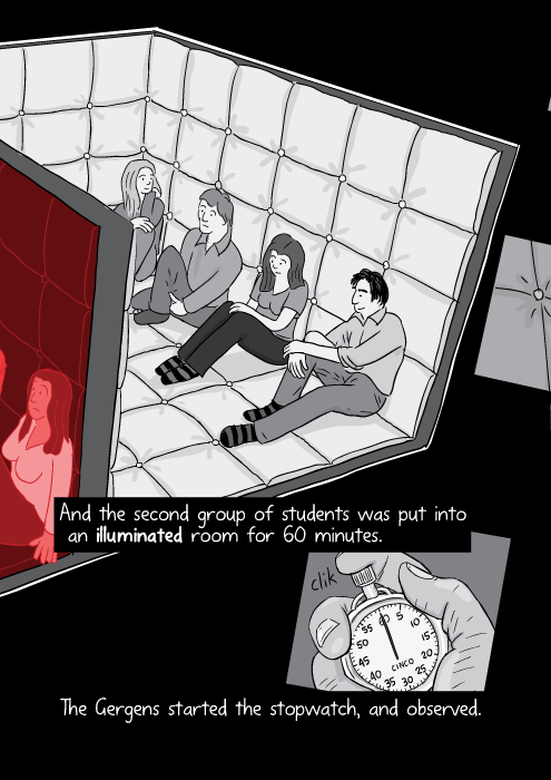 High angle view of students sittingon the floor in a padded room, black and white greyscale. And the second group of students was put into an illuminated room for 60 minutes. The Gergens started the stopwatch, and observed.