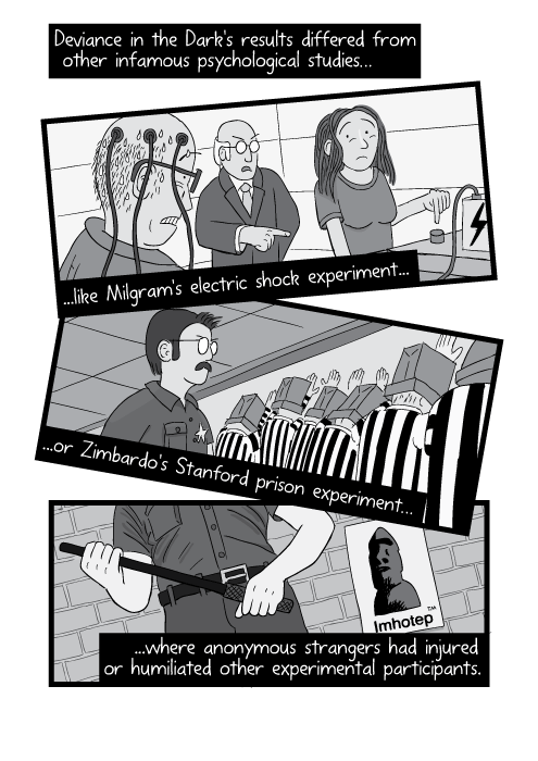 Deviance in the Dark's results differed from other infamous psychological studies like Milgram's electric shock experiment or Zimbardo's Stanford prison experiment where anonymous strangers had injured or humiliated other experimental participants.
