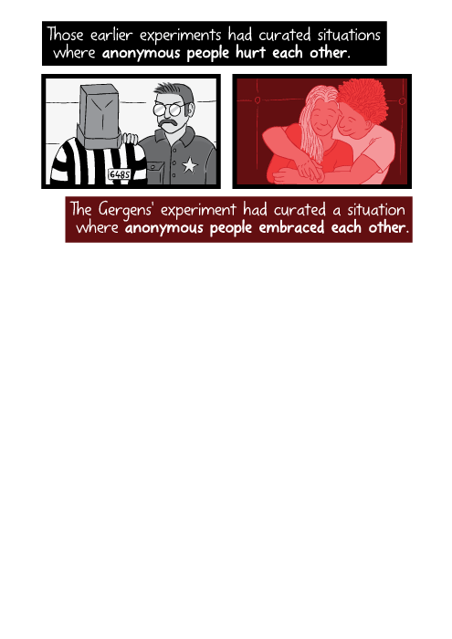 Those earlier experiments had curated situations where anonymous people hurt each other. The Gergens' experiment had curated a situation where anonymous people embraced each other.