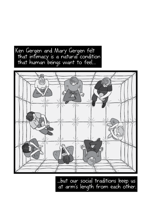 High angle view of Deviance in the Dark students sitting on floor in paded room, looking at each other. Ken Gergen and Mary Gergen felt that intimacy is a natural condition that human beings want to feel but our social traditions keep us at arm's length from each other.