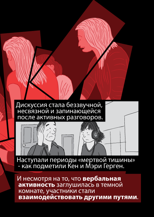 Дискуссия стала беззвучной, несвязной и запинающейся после активных разговоров. Наступали периоды «мертвой тишины» - как подметили Кен и Мэри Герген. И несмотря на то, что вербальная активность заглушилась в темной комнате, участники стали взаимодействовать другими путями.