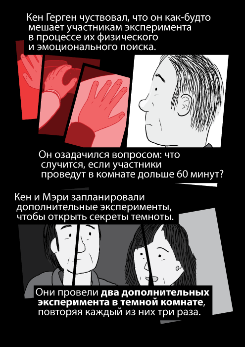 Кен Герген чуствовал, что он как-будто мешает участникам эксперимента в процессе их физического и эмоционального поиска. Он озадачился вопросом: что случится, если участники проведут в комнате дольше 60 минут? Кен и Мэри запланировали дополнительные эксперименты, чтобы открыть секреты темноты. Они провели два дополнительных эксперимента в темной комнате, повторяя каждый из них три раза.