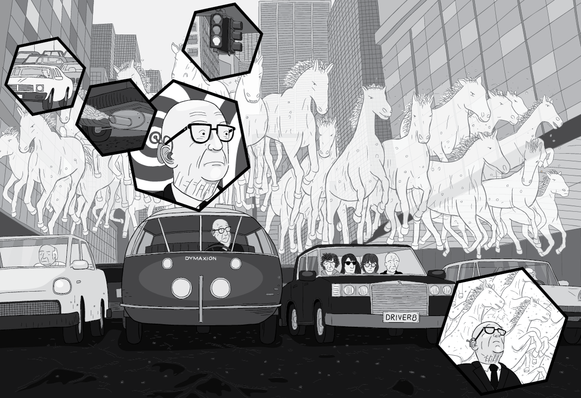 Cartoon scene of traffic jam with 'horsepower' horses above the cars. Buckminster Fuller driving Dymaxion Car imagining horsepower.