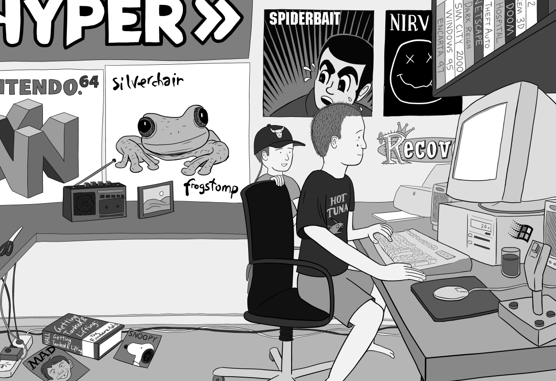 Cartoon image of young boys using a 1990s era computer, with Australian Nineties posters on the wall for Spiderbait's 