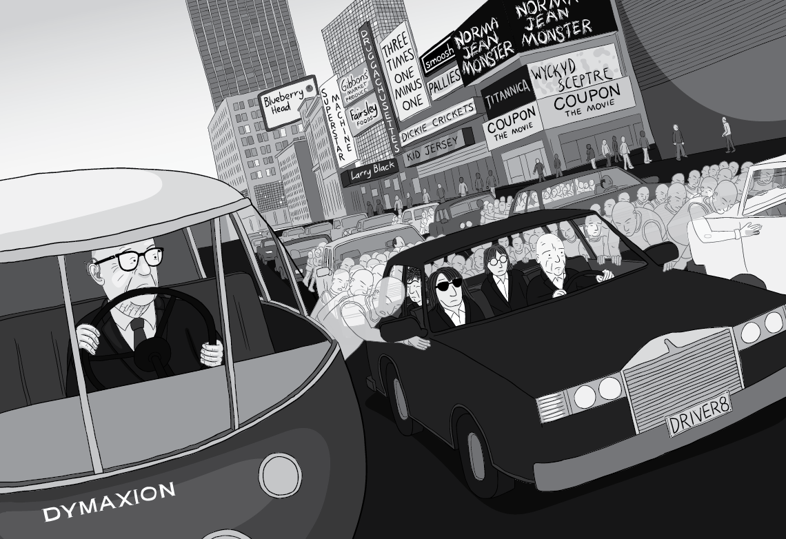 Cartoon Buckminster Fuller driving Dymaxion Car, looking at the Energy Slaves pushing the car next to him in traffic. Dutch angle black and white cartoon.