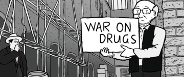 War on Drugs cartoon thumbnail image. Two men in shady alleyway.