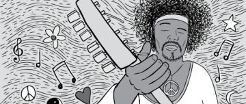 Black and white cartoon of Jimi Hendrix playing guitar with swirly background