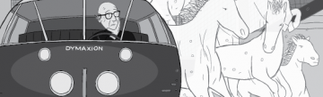 Cartoon of Buckminster Fuller in Dymaxion Car with invisible horses next to vehicle.