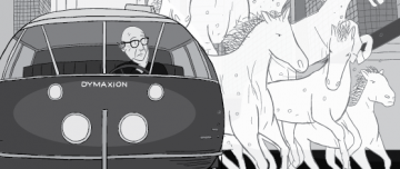 Cartoon of Buckminster Fuller in Dymaxion Car with invisible horses next to vehicle.