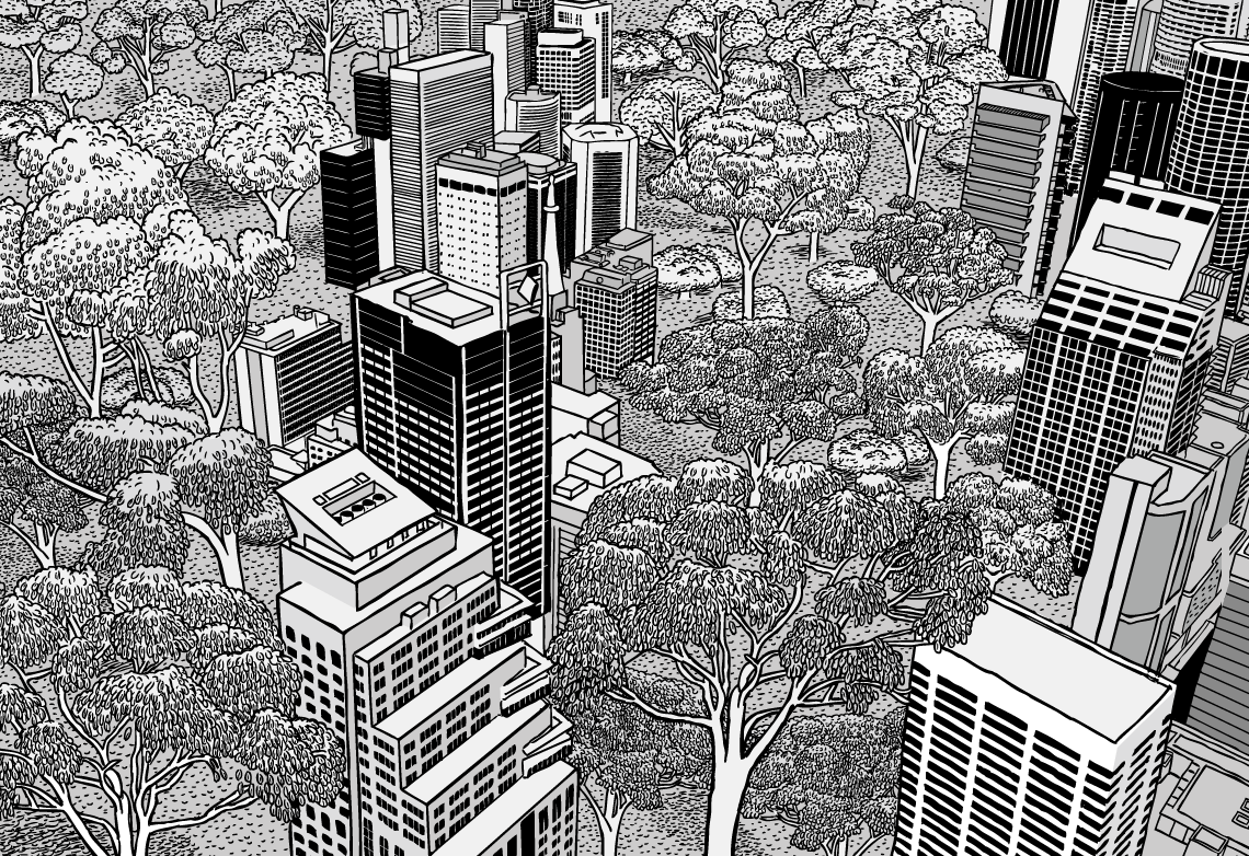High angle view of city skyscrapers aerial view, with eucalyptus trees growing in between. Black and white cartoon of urban nature. Highly detailed technical illustrations