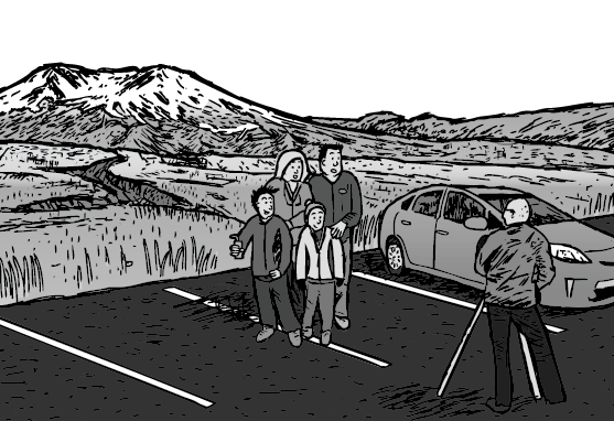 Cartoon image of family posing for a group photo in a carkpark of national park.