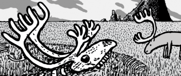 Cartoon artwork of reindeer skull drawn in greyscale, with reindeer in background