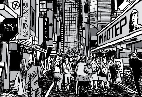 Cartoon streetscape via of a downtown city street in shopping district. Showing people walking down a busy street - black and white illustration.