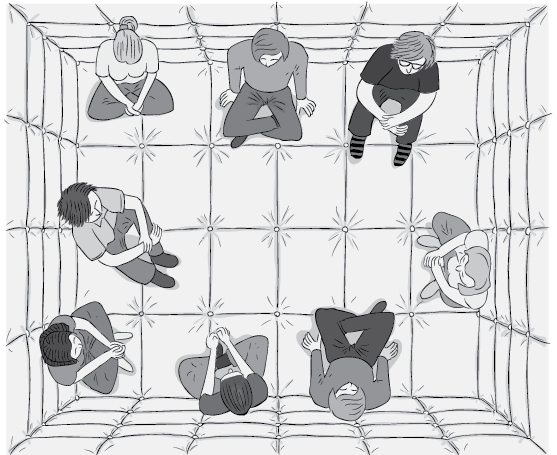 Top-down view of people sitting in a padded room, during a psychological experiment.