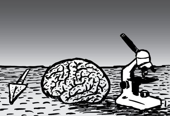 Cartoon brain on table near microscope - black and white illustration.