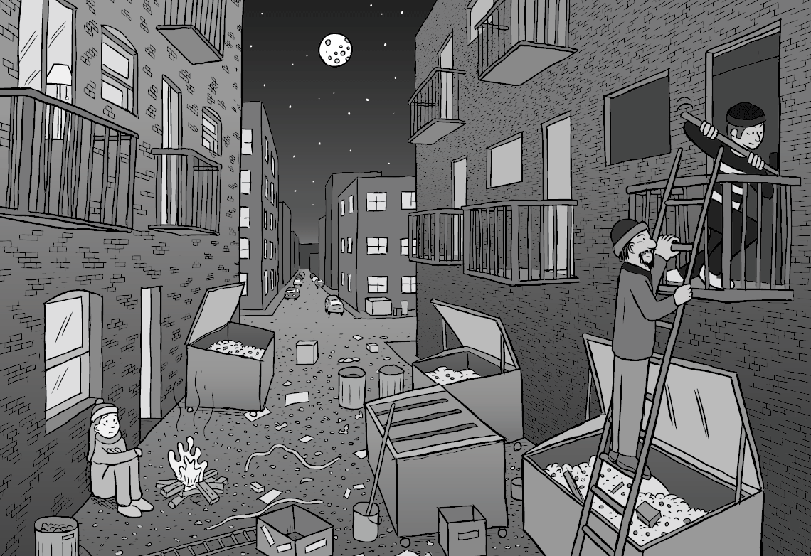 Black and white alleyway scene, showing a downtown alley with dumpsters and boxes. Robbers are climbing a ladder to burgle an apartment, and a lonely homeless girl is sitting on the ground in the alleyway.