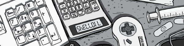 Cartoon drawing of calculator with SHELLOIL written in numbers upside-down. Upside-down numbers 71077345.