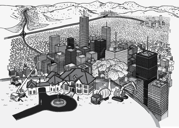 High angle view of a hilltop house being constructed. Aerial view of a house being built above a sprawling city. Black and white drawing of city skyscrapers.