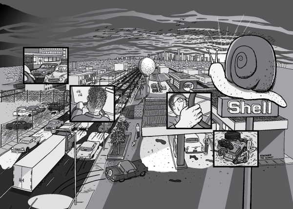 High angle view of a suburban fuel station at sunset. Shell Oil logo on pole at gas station in urban sprawl scene at dusk. Rush hour traffic driving past the petrol station in late afternoon light.