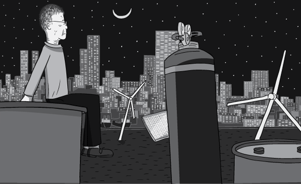 Side view of cartoon man sitting on a ledge overlooking a bayside city view. Looking out to the stars and moon above the city skyscrapers.