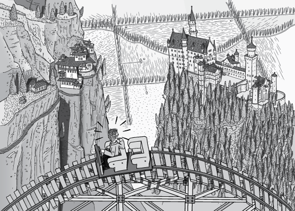 High angle side view of man in roller coaster car looking to the ground far below. Panoramic view of Neuschwanstein Castle and Neuschwanstein Castle (a.ka. Taktsang Palphug Monastery). Black and white cartoon drawing of surprised man in rollercoaster.