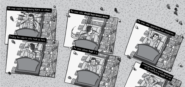 Cartoon drawing of corkboard with photographs stuck to it. Sequence of photographs showing the 5 stages of grief.