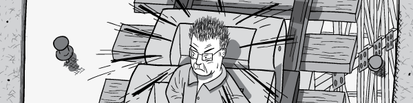 Alarmned and angry cartoon man in a rollercoaster.