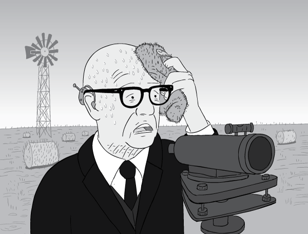 Cartoon Buckminster Fuller mopping brow with sweat on hot summer's day.