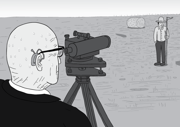 Black and white cartoon Buckminster Fuller dumpy level view over shoulder.