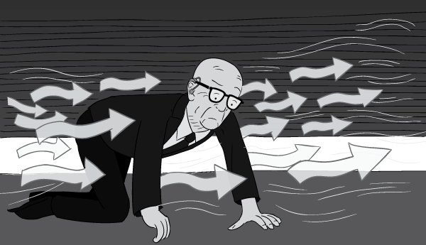 Cartoon man Buckminster Fuller on hands and knees crawling on ground, following air currents.