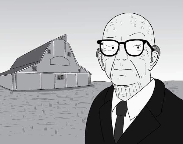 Pensive cartoon Buckminster Fuller sweating on sunny day, in Kansas field near barn.