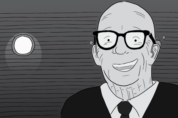 Cartoon black and white Buckminster Fuller drawing. Bucky Fuller smiling inside darkened room.