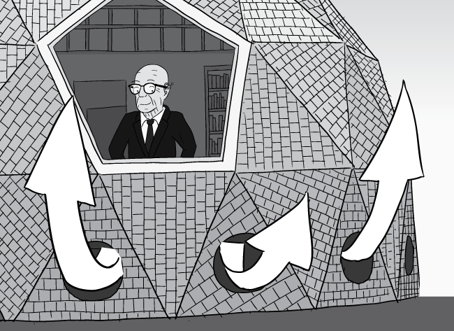 Cartoon Buckminster Fuller looking out of geodesic dome window. Watching air currents leaving vents at base of dome home - crop.