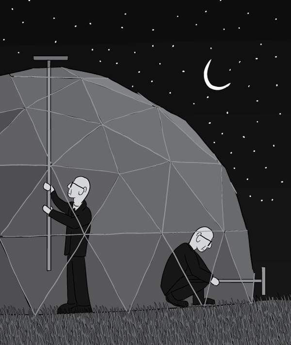 Cross section cartoon of Buckminster Fuller inside dome home at night. Closing the vents of the geodesic dome to retain heat overnight.